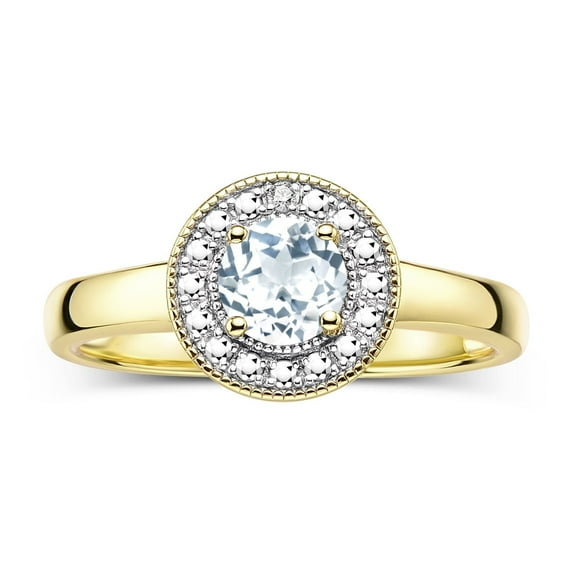 RYLOS Rings for Women 14K Yellow Gold Halo Ring with Round 4MM Gemstone & Diamonds March Aquamarine Jewelry Size 6