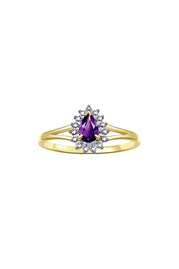 Rings for Women 14K Yellow Gold Halo of Diamonds Birthstone Ring 6X4MM Pear Tear Drop Gemstone February Amethyst Jewelry for Women  Size 10