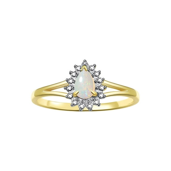 RYLOS Rings for Women 14K Yellow Gold Halo of Diamonds Birthstone Ring 6X4MM Pear Tear Drop Gemstone October Opal Jewelry for Women Size 10