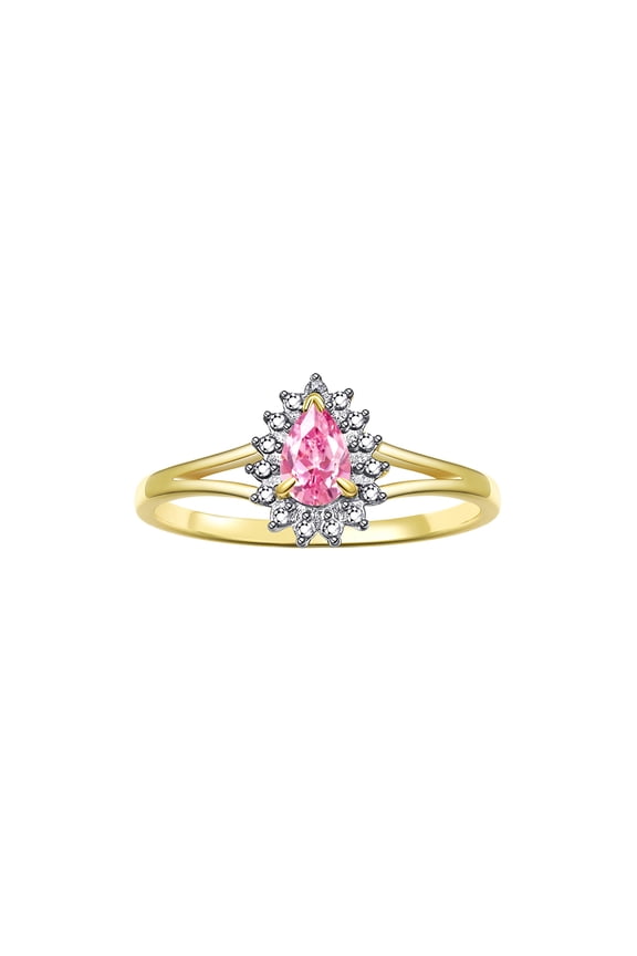 Rings for Women 14K Yellow Gold Halo of Diamonds Birthstone Ring 6X4MM Pear Tear Drop Gemstone October Pink Ice Jewelry for Women  Size 7