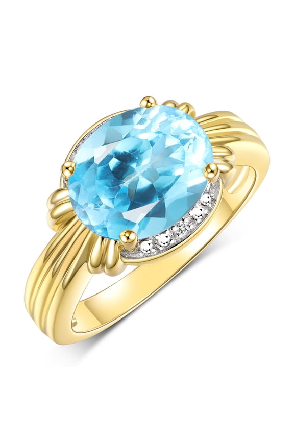 Rings for Women 14K Gold Plated Silver Ring 12X10MM Gemstone & Diamonds Great Ring for Middle or Pointer Finger December Blue Topaz Jewelry Size 6