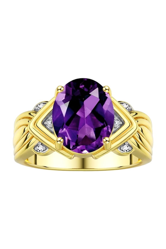 Rings for Women 14K Yellow Gold Ring 12X10MM Gemstone & Diamonds Great Ring for Middle or Pointer Finger February Amethyst Jewelry Size 6