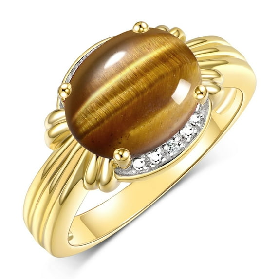 RYLOS Rings for Women 14K Yellow Gold Ring 12X10MM Gemstone & Diamonds Great Ring for Middle or Pointer Finger Tiger Eye Jewelry Size 9.5