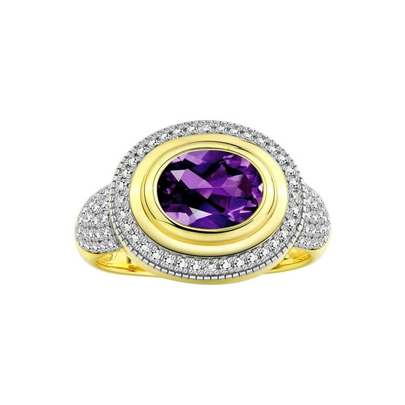 RYLOS Rings for Women 14K Yellow Gold Ring Classic 9X7MM Oval Gemstone & Diamonds February Amethyst Jewelry Size 5