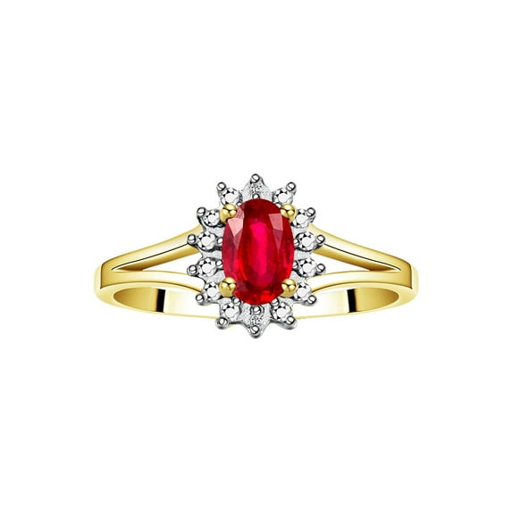 RYLOS Rings for Women 14K Yellow Gold Ring Classic Halo Diamond Birthstone Ring 6X4MM Oval July Red Ruby Jewelry for Women Size 5