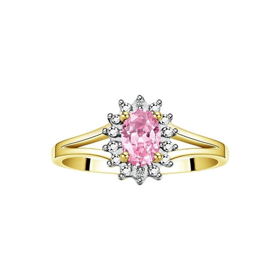RYLOS Rings for Women 14K Yellow Gold Ring Classic Halo Diamond Birthstone Ring 6X4MM Oval October Pink Ice Jewelry for Women Size 10