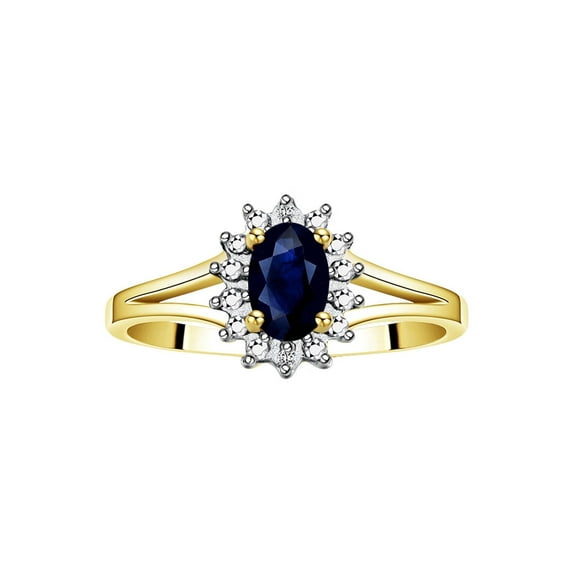 RYLOS Rings for Women 14K Yellow Gold Ring Classic Halo Diamond Birthstone Ring 6X4MM Oval September Blue Sapphire Jewelry for Women Size 6