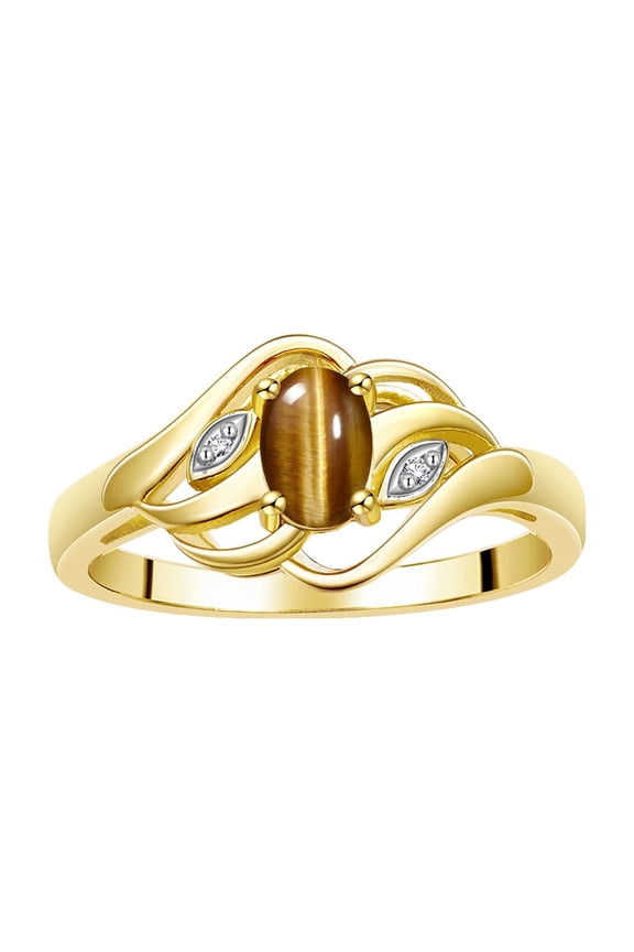 Rings for Women 14K Yellow Gold Ring Classic Style Birthstone Ring 6X4MM Gemstone & Diamonds Tiger Eye Jewelry for Women Size 6