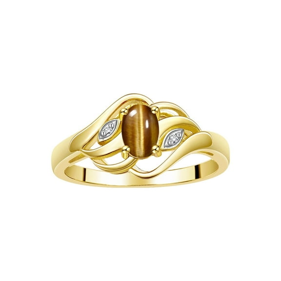 RYLOS Rings for Women 14K Yellow Gold Ring Classic Style Birthstone Ring 6X4MM Gemstone & Diamonds Tiger Eye Jewelry for Women Size 8