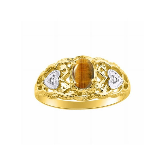 RYLOS Rings for Women 14K Yellow Gold Ring Filigree Heart Birthstone Ring 6X4MM Gemstone & Diamonds Tiger Eye Jewelry for Women Size 10