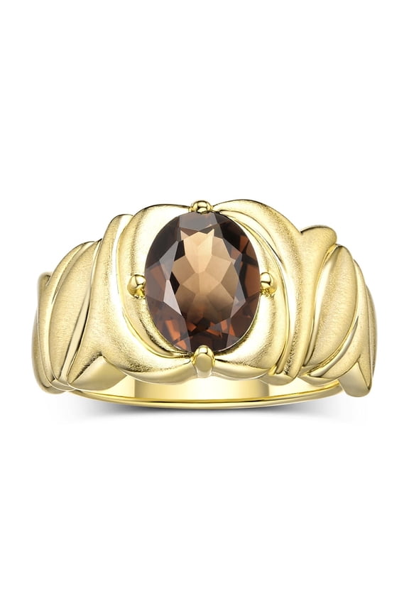 Rings for Women 14K Yellow Gold Ring Solitaire 9X7MM Oval Gemstone with Satin Finish Band June Smoky Quartz Jewelry Size 8