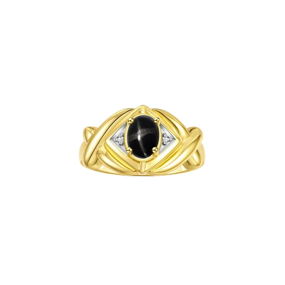 RYLOS Rings for Women 14K Yellow Gold Ring XOXO Hugs & Kisses 7X5MM Gemstone & Diamond Ring Black Star Sapphire Jewelry Size 10
