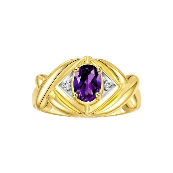 RYLOS Rings for Women 14K Yellow Gold Ring XOXO Hugs & Kisses 7X5MM Gemstone & Diamond Ring February Amethyst Jewelry Size 7