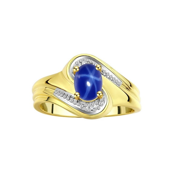 RYLOS Rings for Women 14K Yellow Gold Swirl Ring with 7X5MM Oval Gemstone & Diamond Ring Blue Star Sapphire Jewelry Size 9
