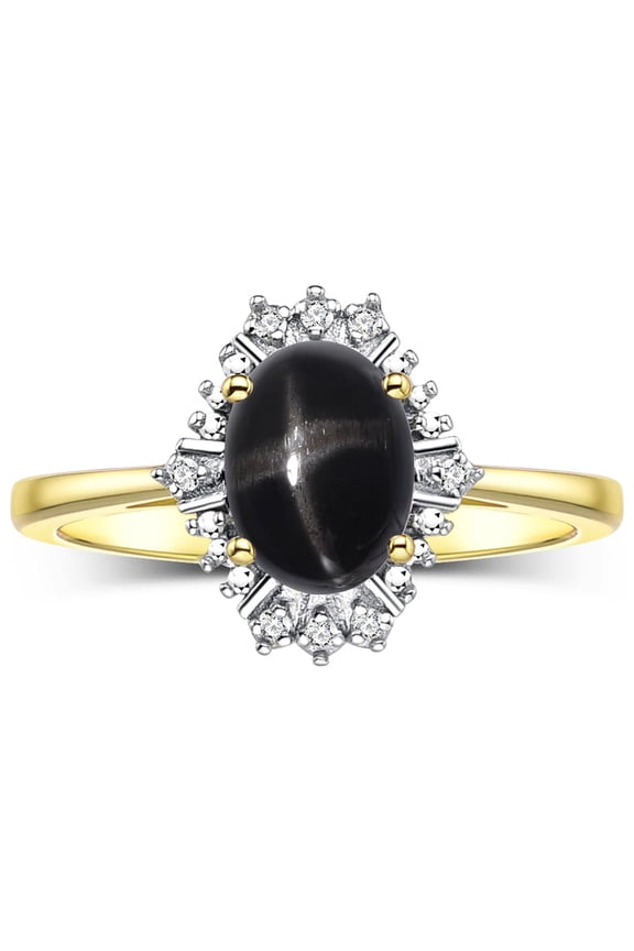 Rings for Women Gold Plated Silver Ring with 7X5MM Oval Gemstone &  Sparkling Diamonds Black Star Sapphire Jewelry Size 7