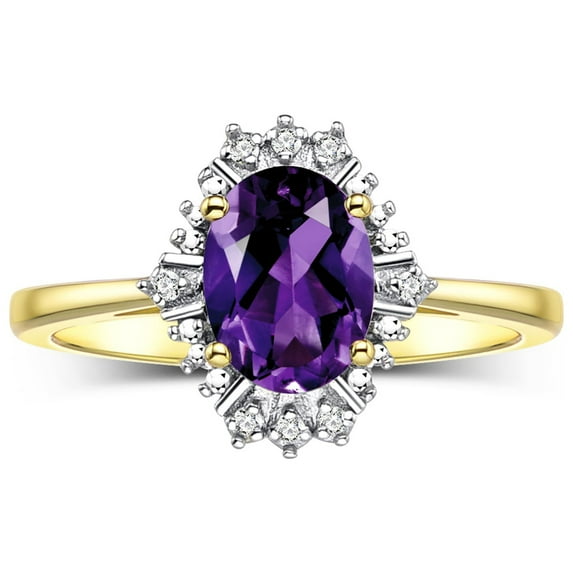 RYLOS Rings for Women Gold Plated Silver Ring with 7X5MM Oval Gemstone & Sparkling Diamonds February Amethyst Jewelry Size 7