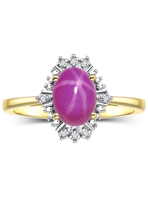 Rings for Women Gold Plated Silver Ring with 7X5MM Oval Gemstone & Sparkling Diamonds July Star Ruby Jewelry Size 6
