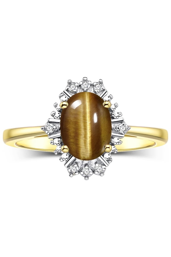 Rings for Women Gold Plated Silver Ring with 7X5MM Oval Gemstone & Sparkling Diamonds November Tiger Eye Jewelry Size 5
