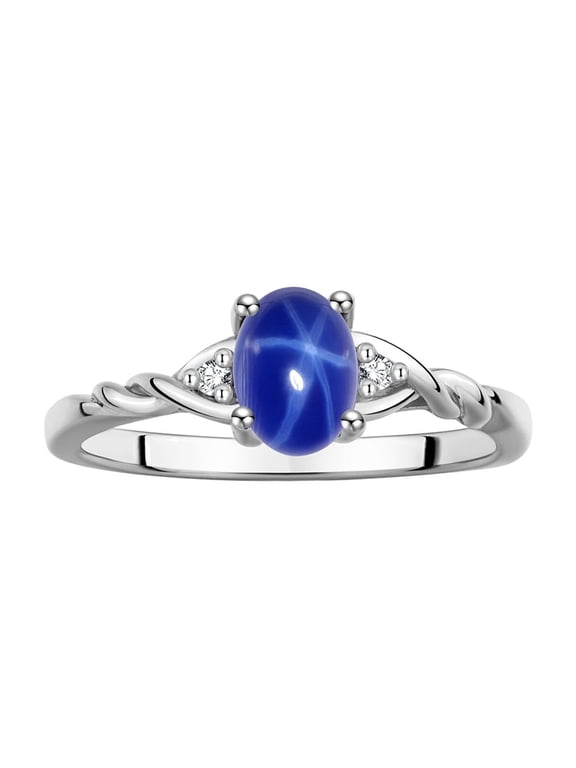 Rings for Women Silver Classic Style Birthstone Ring 7X5MM Oval Gemstone & Diamonds September Blue Star Sapphire Jewelry for Women Size 8