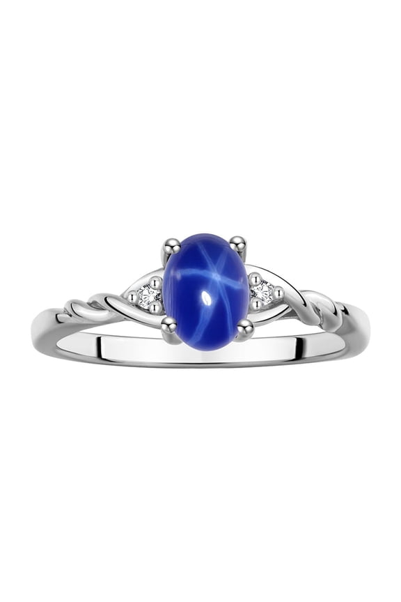 Rings for Women Silver Classic Style Birthstone Ring 7X5MM Oval Gemstone & Diamonds September Blue Star Sapphire Jewelry for Women Size 8