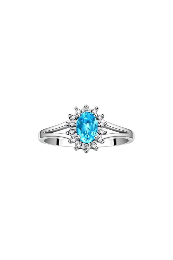 Rings for Women Silver Halo of Diamond Birthstone Ring 6X4MM Gemstone December Blue Topaz Jewelry for Women Size 7