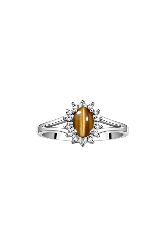 Rings for Women Silver Halo of Diamond Birthstone Ring 6X4MM Gemstone November Tiger Eye Jewelry for Women  Size 9