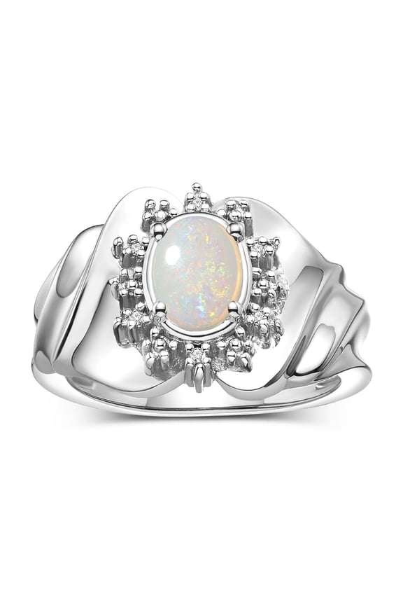 Rings for Women Silver Ring with Oval 7X5MM Gemstone &  Sparkling Diamonds October Opal Jewelry  Size 5