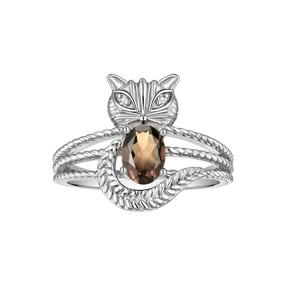 RYLOS Rings for Women Sterling Silver CAT Ring 7X5MM Oval Gemstone & Sparkling Diamonds June Smoky Quartz Jewelry Size 11