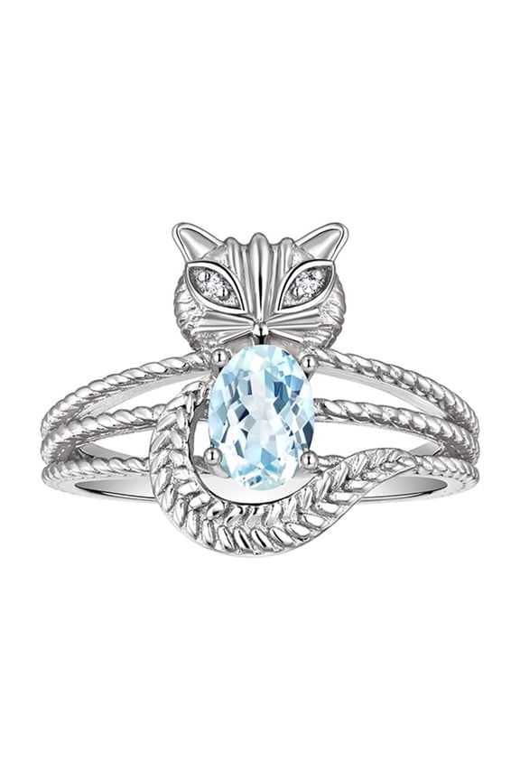 Rings for Women Sterling Silver CAT Ring 7X5MM Oval Gemstone & Sparkling Diamonds March Aquamarine Jewelry Size 8