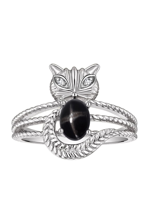 Rings for Women Sterling Silver CAT Ring 7X5MM Oval Gemstone & Sparkling Diamonds March Black Star Sapphire Jewelry Size 11