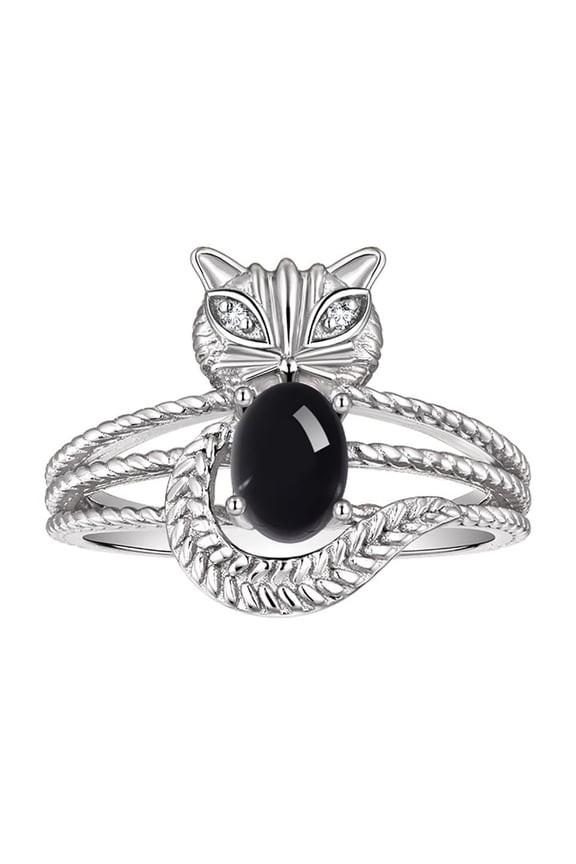 Rings for Women Sterling Silver CAT Ring 7X5MM Oval Gemstone & Sparkling Diamonds October Cabochon Onyx Jewelry Size 5