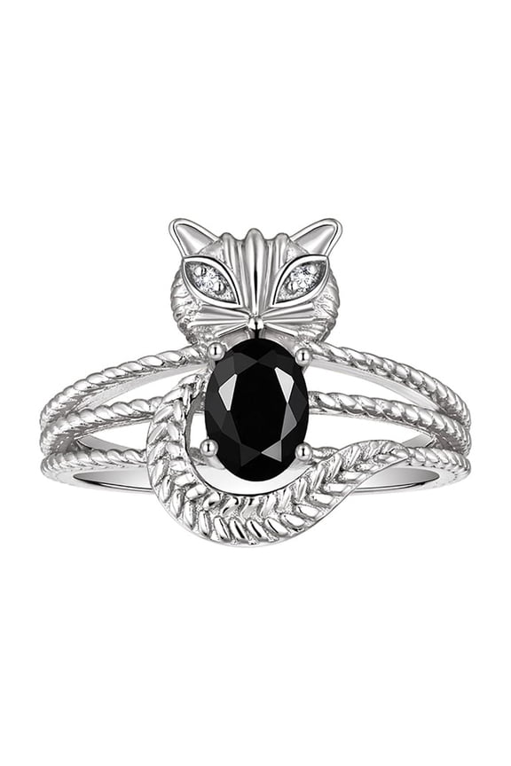 Rings for Women Sterling Silver CAT Ring 7X5MM Oval Gemstone & Sparkling Diamonds October Onyx Jewelry Size 7
