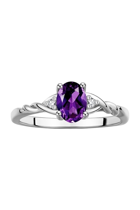 Rings for Women Sterling Silver Classic Style Birthstone Ring 7X5MM Oval Gemstone & Diamonds February Amethyst Jewelry for Women Size 8