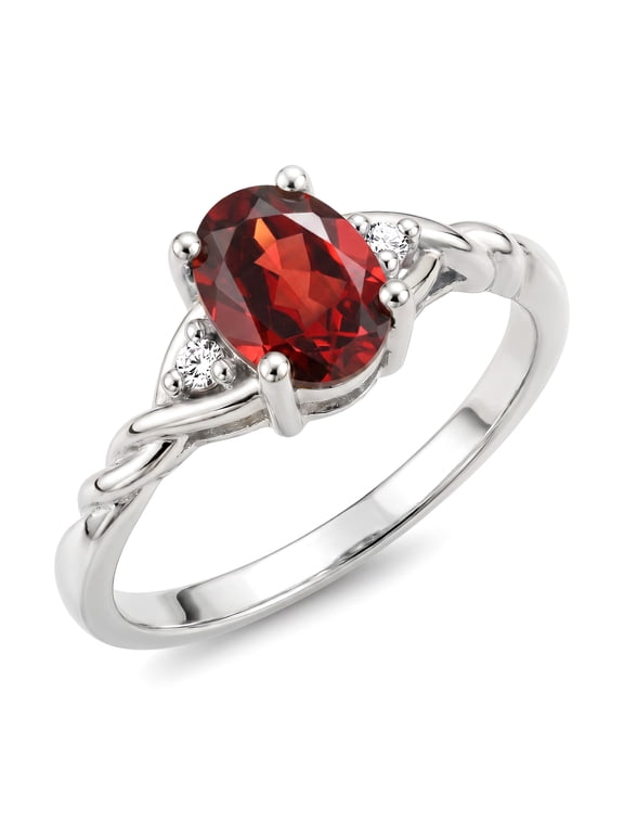 Rings for Women Sterling Silver Classic Style Birthstone Ring 7X5MM Oval Gemstone & Diamonds January Garnet Jewelry for Women Size 5