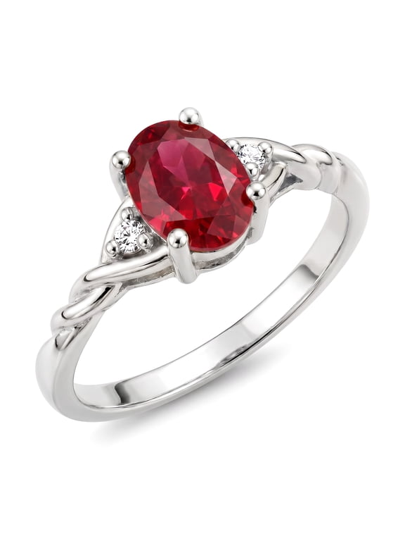 Rings for Women Sterling Silver Classic Style Birthstone Ring 7X5MM Oval Gemstone & Diamonds July Ruby Jewelry for Women Size 5