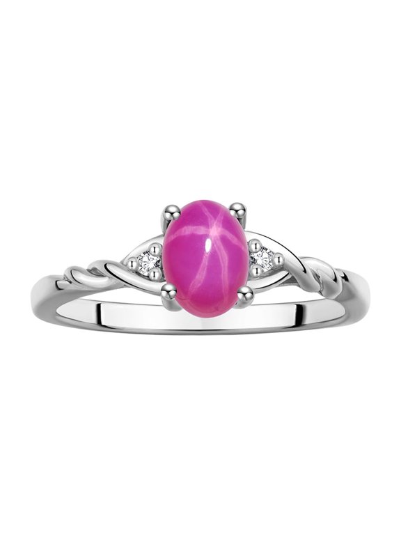 Rings for Women Sterling Silver Classic Style Birthstone Ring 7X5MM Oval Gemstone & Diamonds July Star Ruby Jewelry for Women Size 7