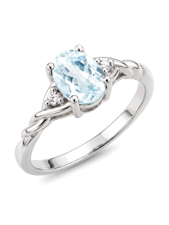 Rings for Women Sterling Silver Classic Style Birthstone Ring 7X5MM Oval Gemstone & Diamonds March Aquamarine Jewelry for Women Size 8