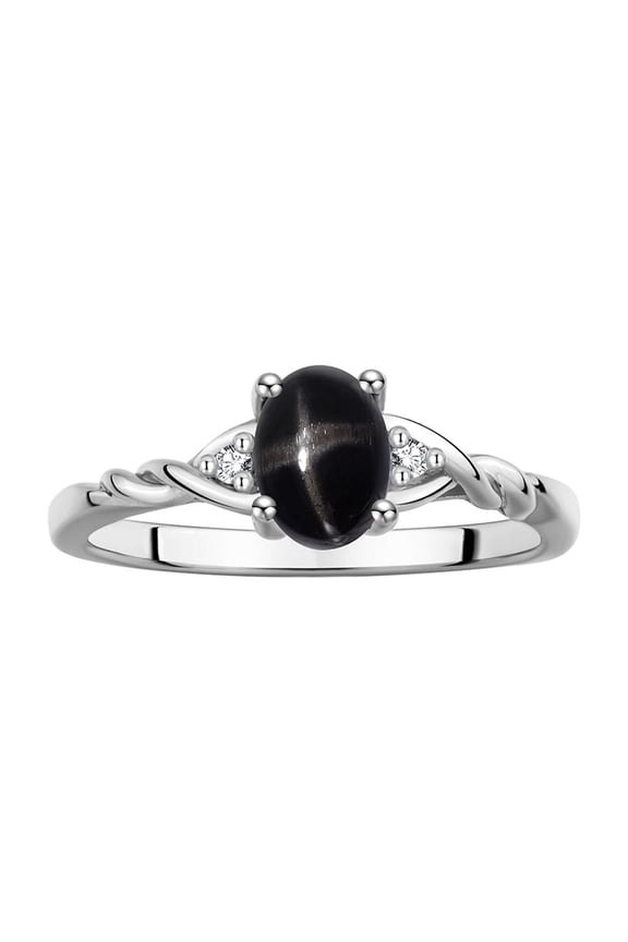Rings for Women Sterling Silver Classic Style Birthstone Ring 7X5MM Oval Gemstone & Diamonds March Black Star Sapphire Jewelry for Women Size 5