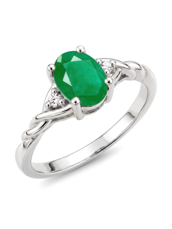 Rings for Women Sterling Silver Classic Style Birthstone Ring 7X5MM Oval Gemstone & Diamonds May Emerald Jewelry for Women Size 6