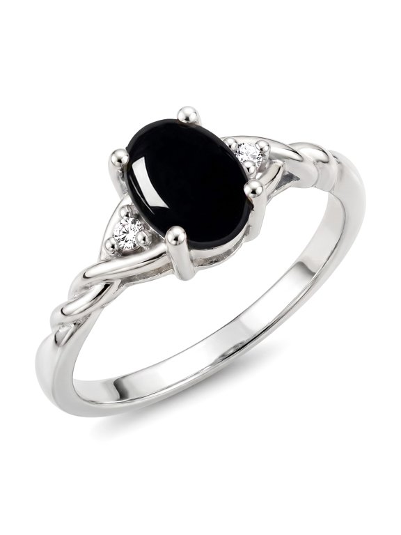Rings for Women Sterling Silver Classic Style Birthstone Ring 7X5MM Oval Gemstone & Diamonds October Cabochon Onyx Jewelry for Women Size 7
