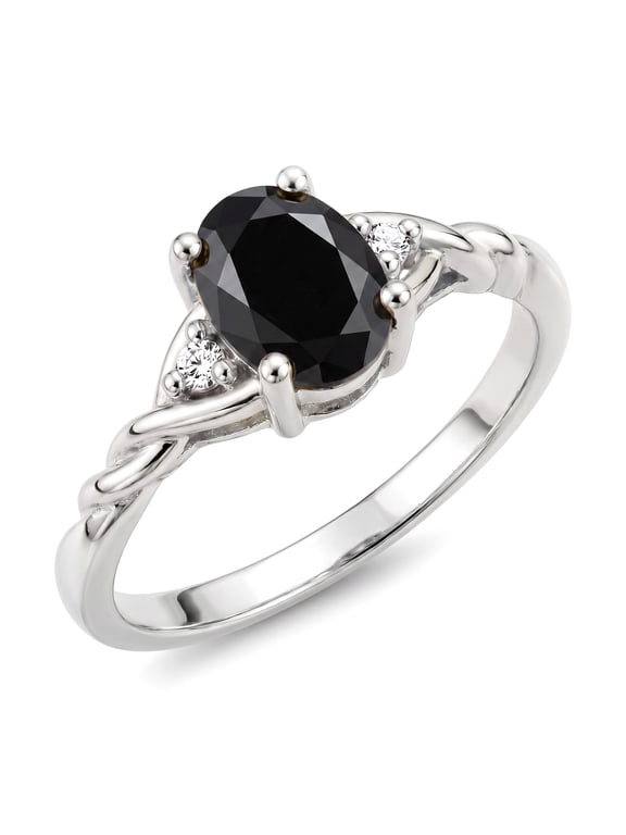 Rings for Women Sterling Silver Classic Style Birthstone Ring 7X5MM Oval Gemstone & Diamonds October Onyx Jewelry for Women Size 5