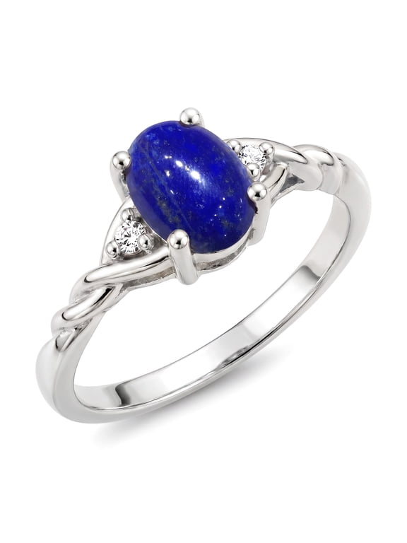 Rings for Women Sterling Silver Classic Style Birthstone Ring 7X5MM Oval Gemstone & Diamonds September Lapis Jewelry for Women Size 9