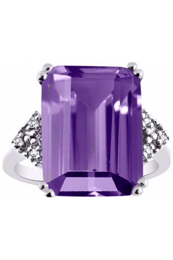 Rings for Women Sterling Silver Designer 16X12MM Emerald Cut Gemstone & Diamond Ring February Amethyst Jewelry Size 7