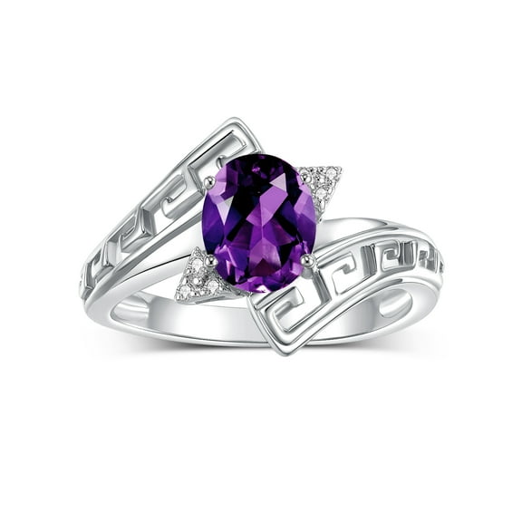 RYLOS Rings for Women Sterling Silver Greek Key Designer Ring 9X7MM Gemstone & Diamond Ring February Amethyst Jewelry Size 5