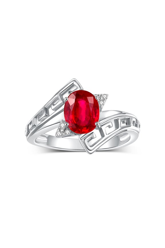 Rings for Women Sterling Silver Greek Key Designer Ring 9X7MM Gemstone & Diamond Ring July Ruby Jewelry  Size 9