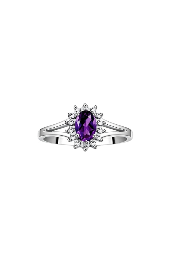 Rings for Women Sterling Silver Halo of Diamond Birthstone Ring 6X4MM Gemstone Amethyst Jewelry for Women  Size 9