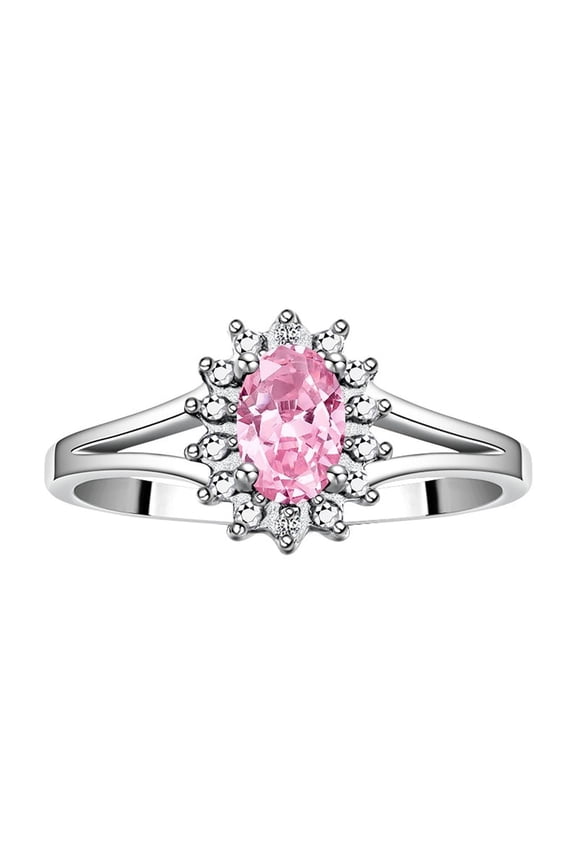 Rings for Women Sterling Silver Halo of Diamond Birthstone Ring 6X4MM Gemstone Pink Ice Jewelry for Women  Size 7