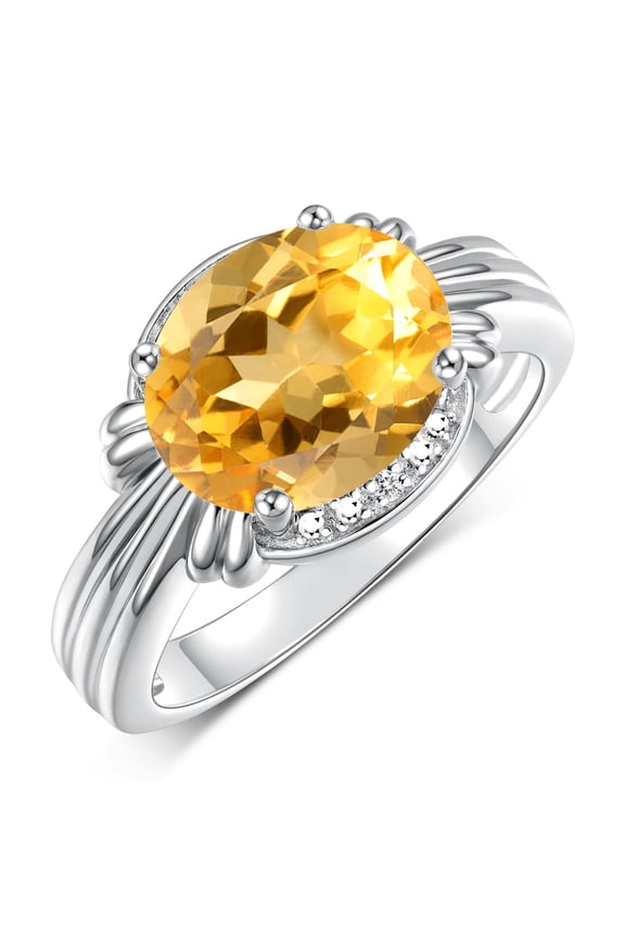 Rings for Women Sterling Silver Ring 12X10MM Gemstone & Diamonds Great Ring for Middle or Pointer Finger November Citrine Jewelry Size 5