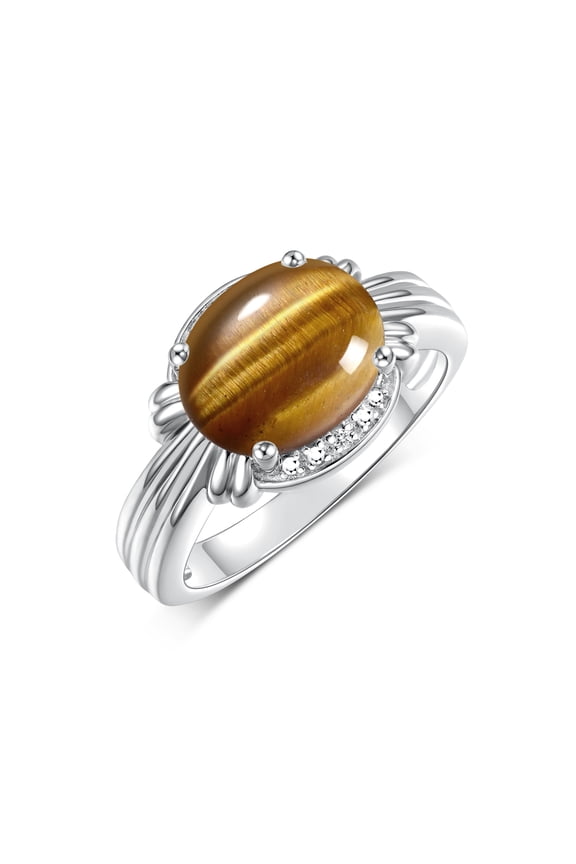 Rings for Women Sterling Silver Ring 12X10MM Gemstone & Diamonds Great Ring for Middle or Pointer Finger Tiger Eye Jewelry Size 13