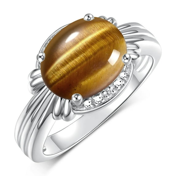 RYLOS Rings for Women Sterling Silver Ring 12X10MM Gemstone & Diamonds Great Ring for Middle or Pointer Finger Tiger Eye Jewelry Size 5